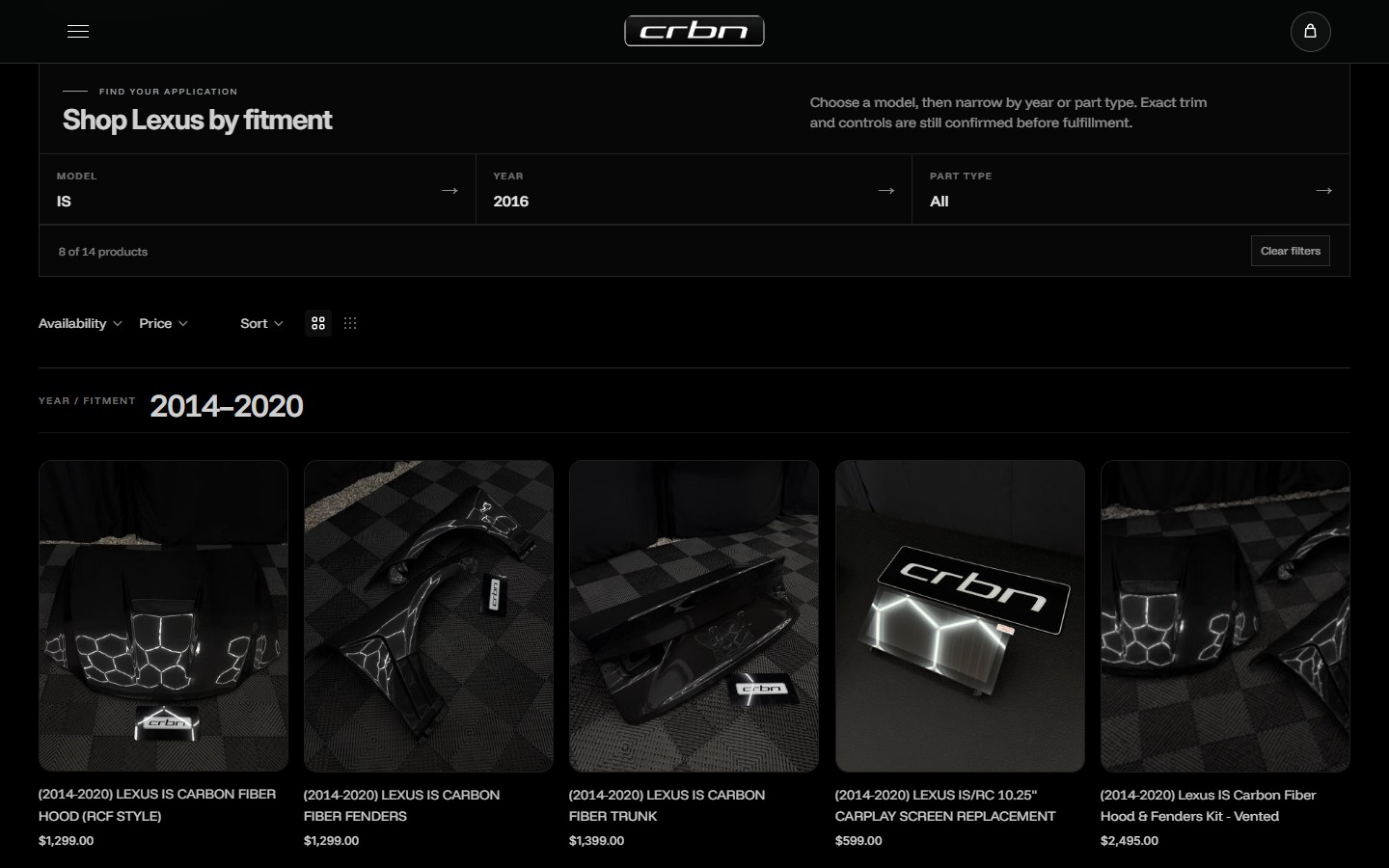 CARBON.DEPT vehicle collection with a grid of products and fitment controls.