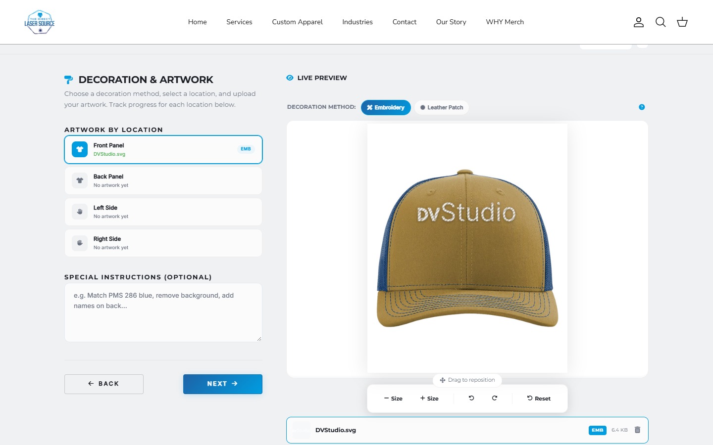 The Direct Laser Source custom apparel and artwork builder