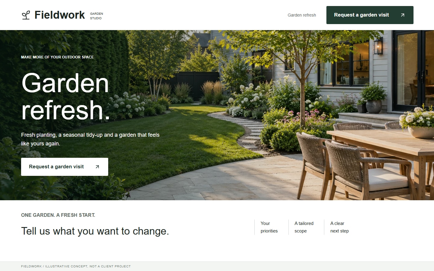Illustrative garden-refresh landing page with one offer and a request-a-visit action.
